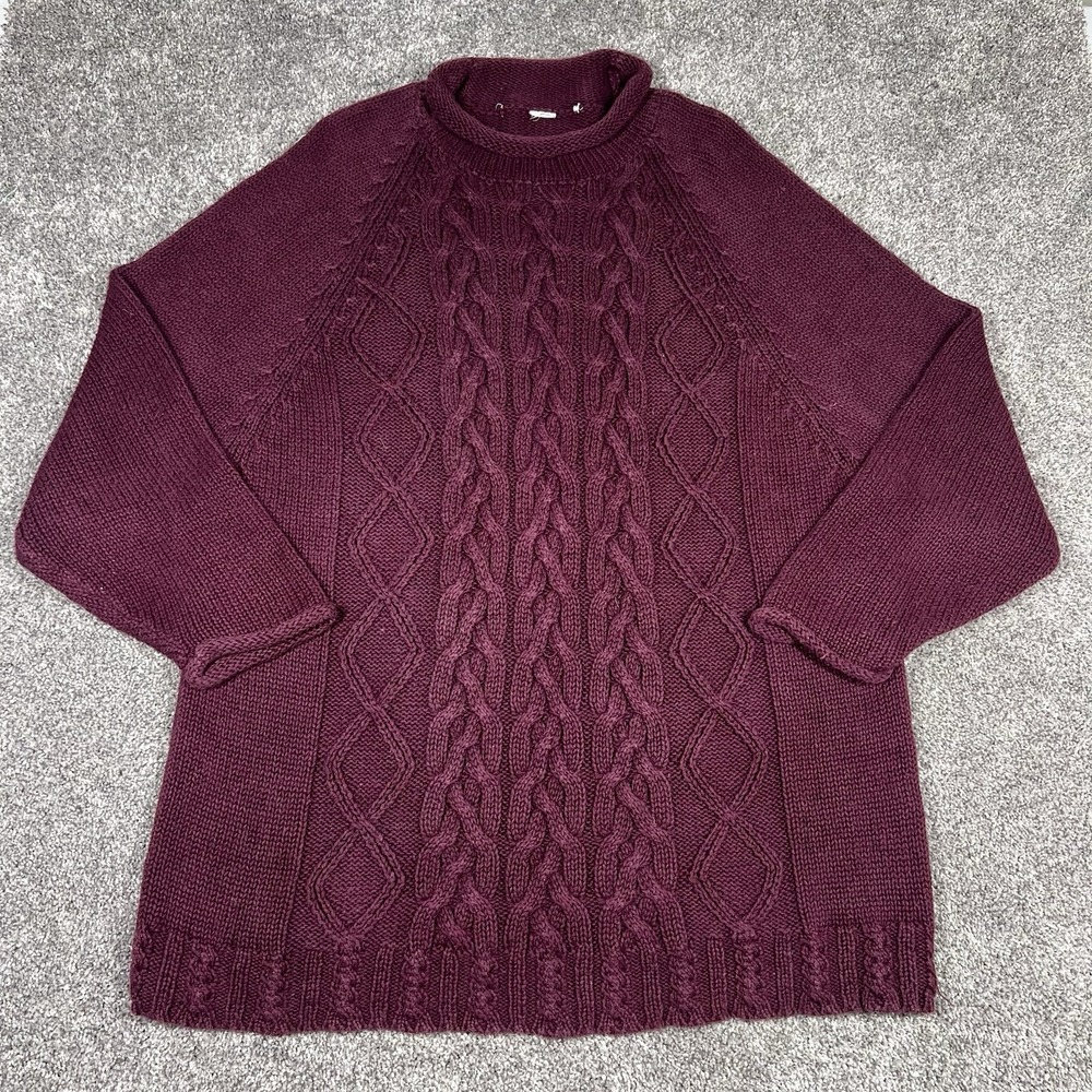 Vintage Cottage Sweater Mens M-L Burgundy Fisherman Chunky Cable Knit Roll Neck